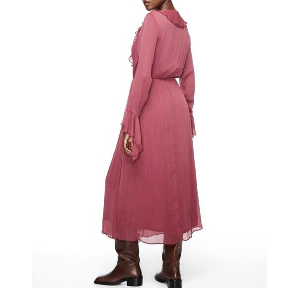 ZARA Georgette Ruffled Midi Dress Size M Dusty Pink Mauve‎ Romantic Feminine - Picture 5 of 13